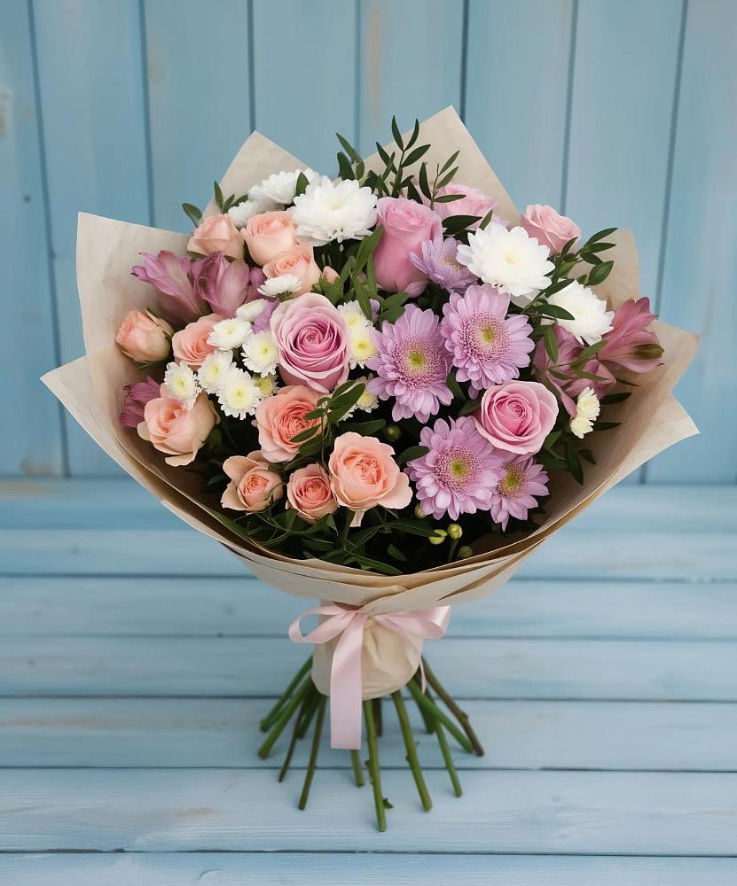 Букет цветов из: Хризантемы, Розы и Альстромерии в Кирсе