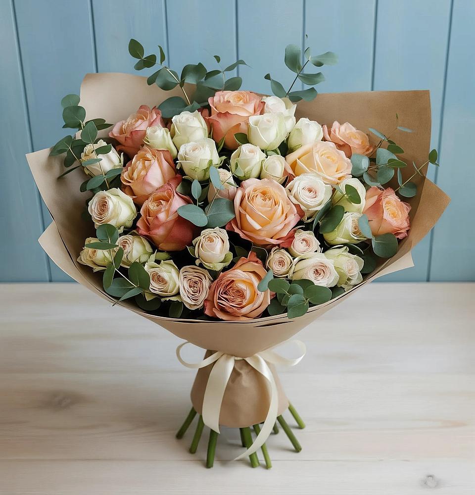 Букет цветов из: Альстромерии и Розы в Кирсе