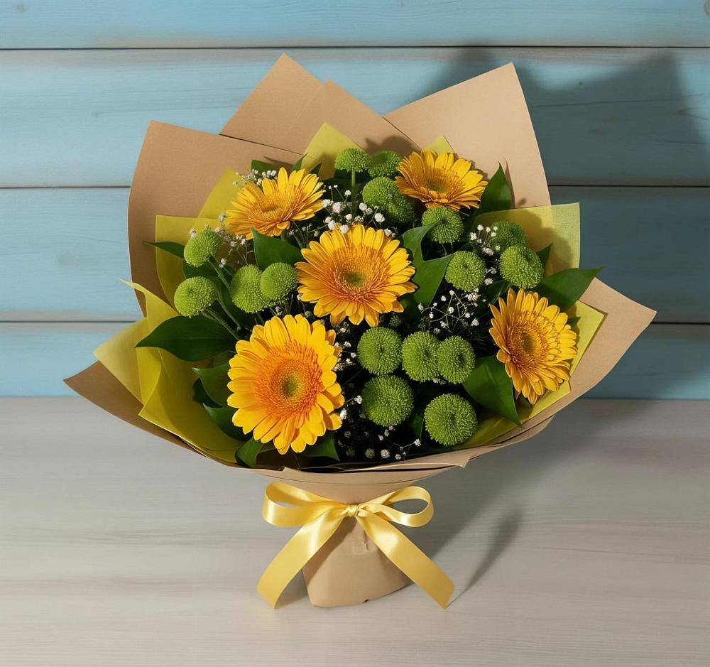 Букет цветов из: Герберы и Хризантемы в Кирсе