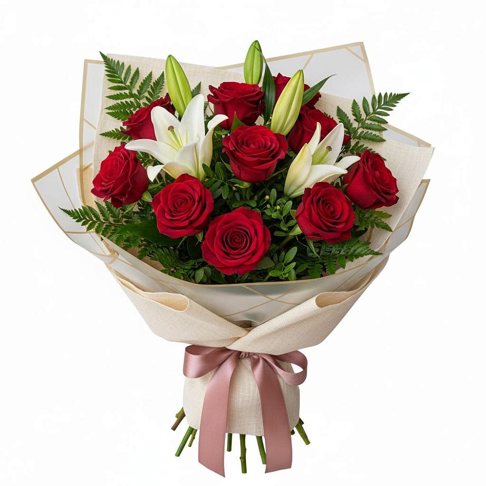 Букет цветов из: Лилии и Розы в Кирсе