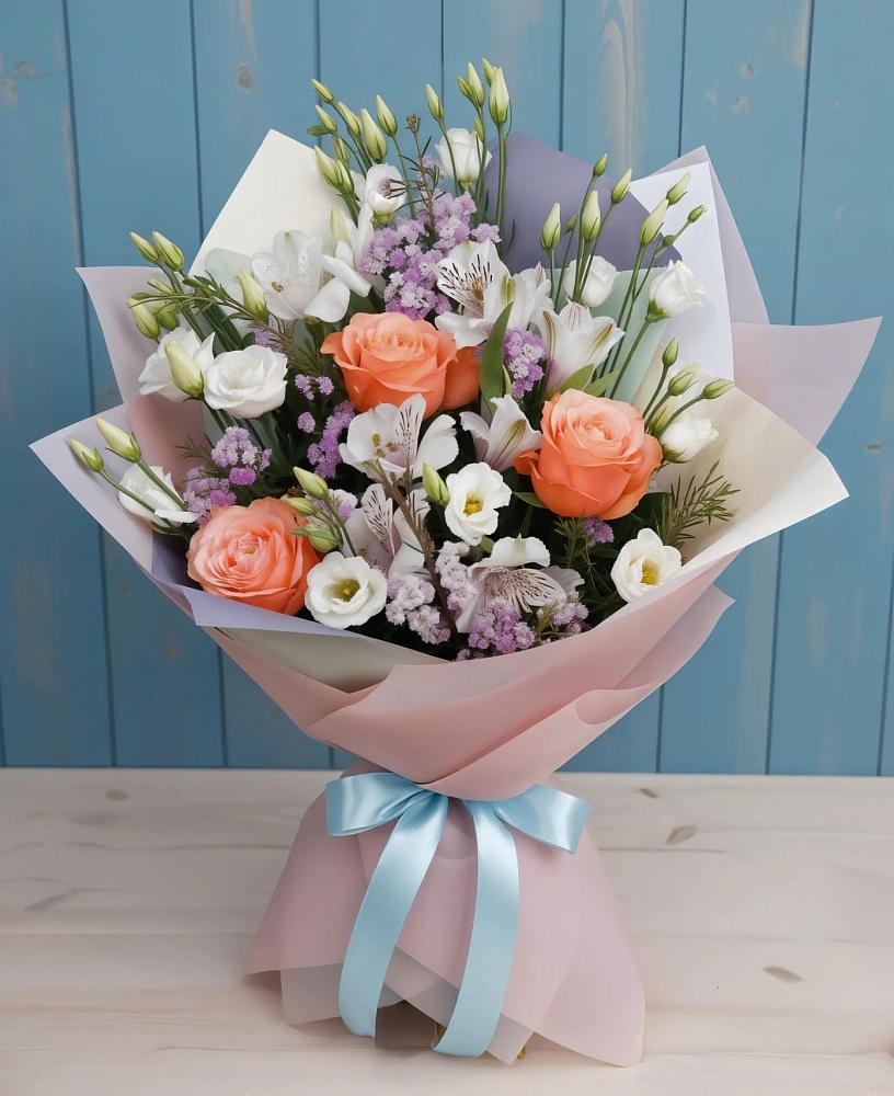 Букет цветов из: Лизиантусы, Розы, Альстромерии и Гипсофила в Кирсе