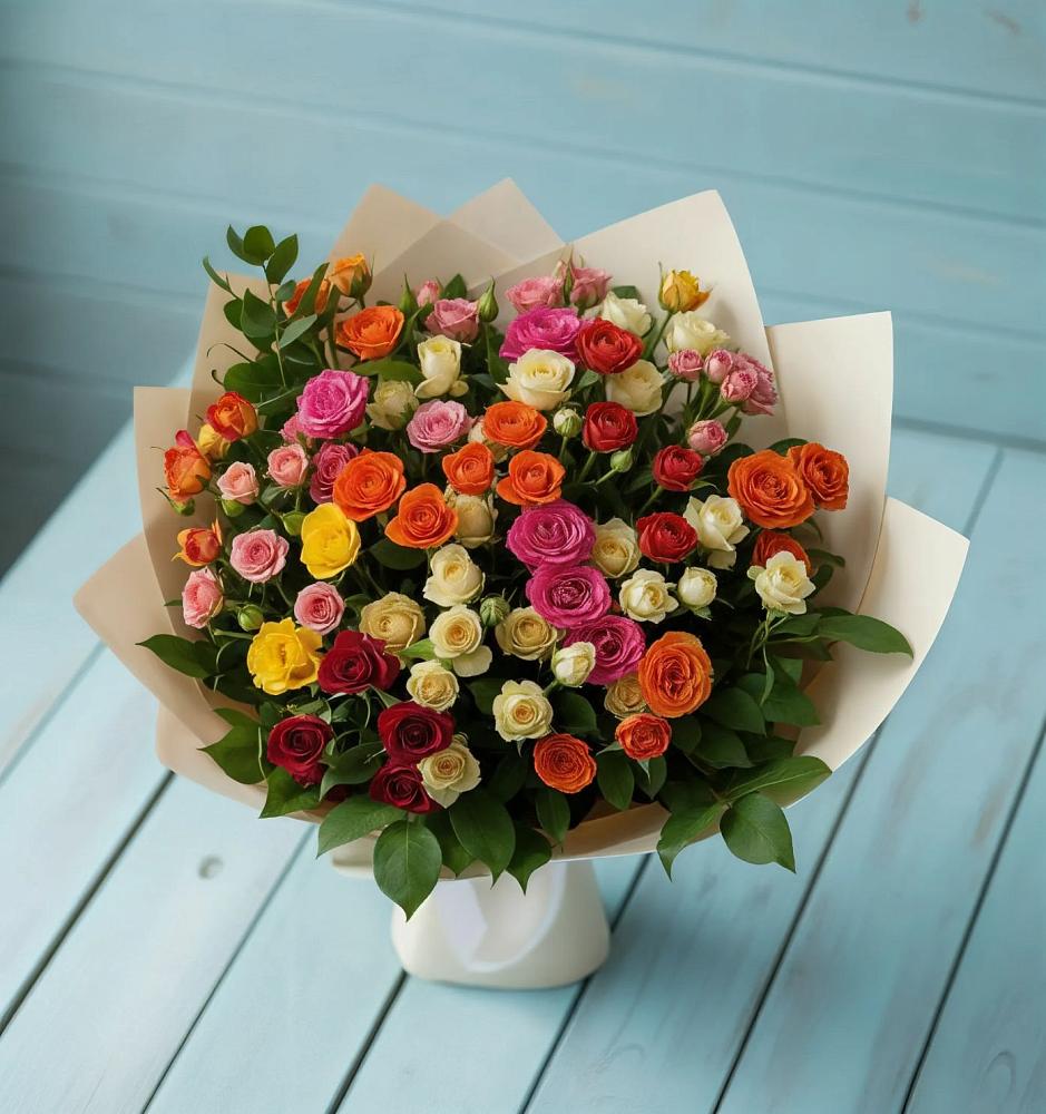 Букет Микс из разноцветных кустовых роз в Кирсе