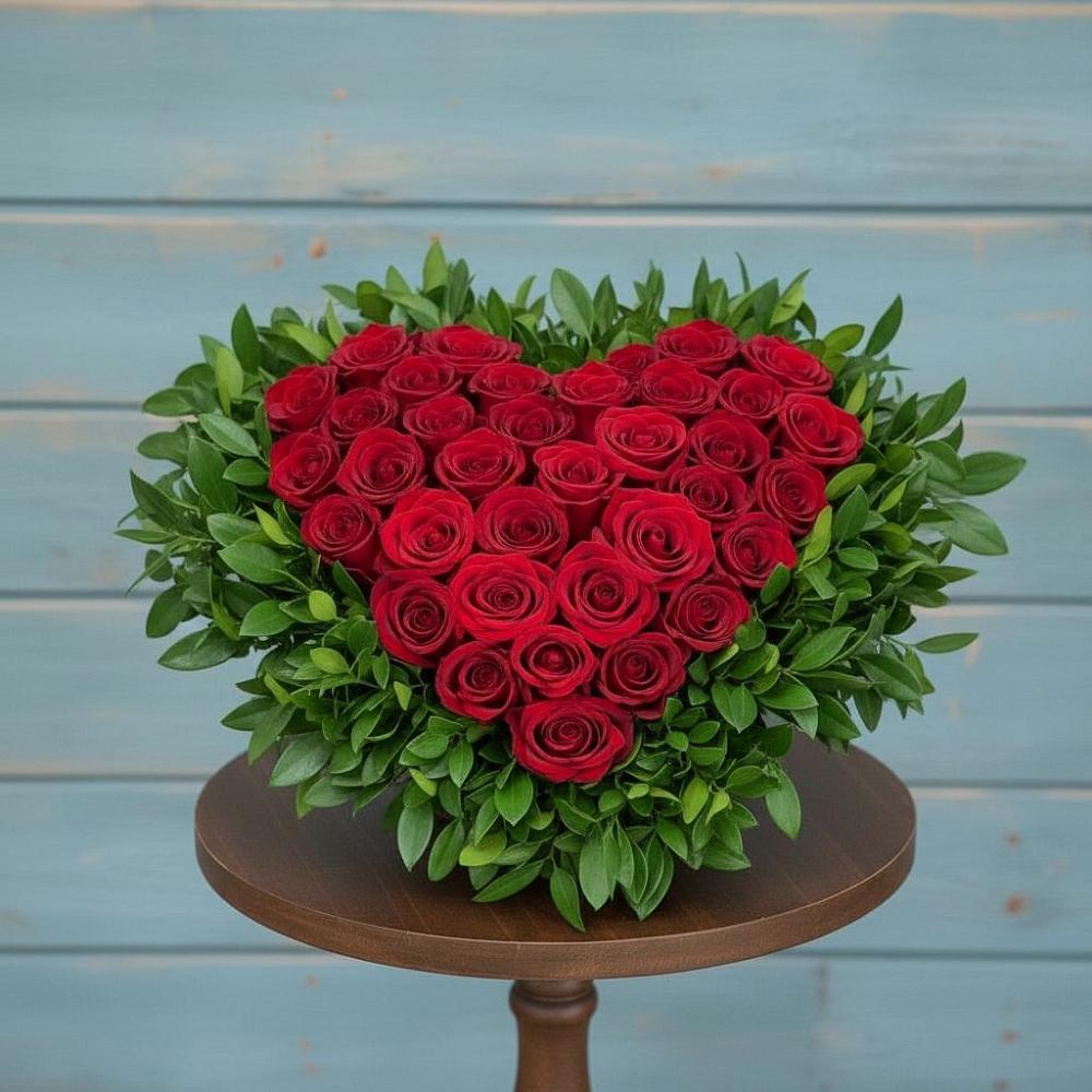 Цветочная композиция из Розы в виде сердца в Кирсе