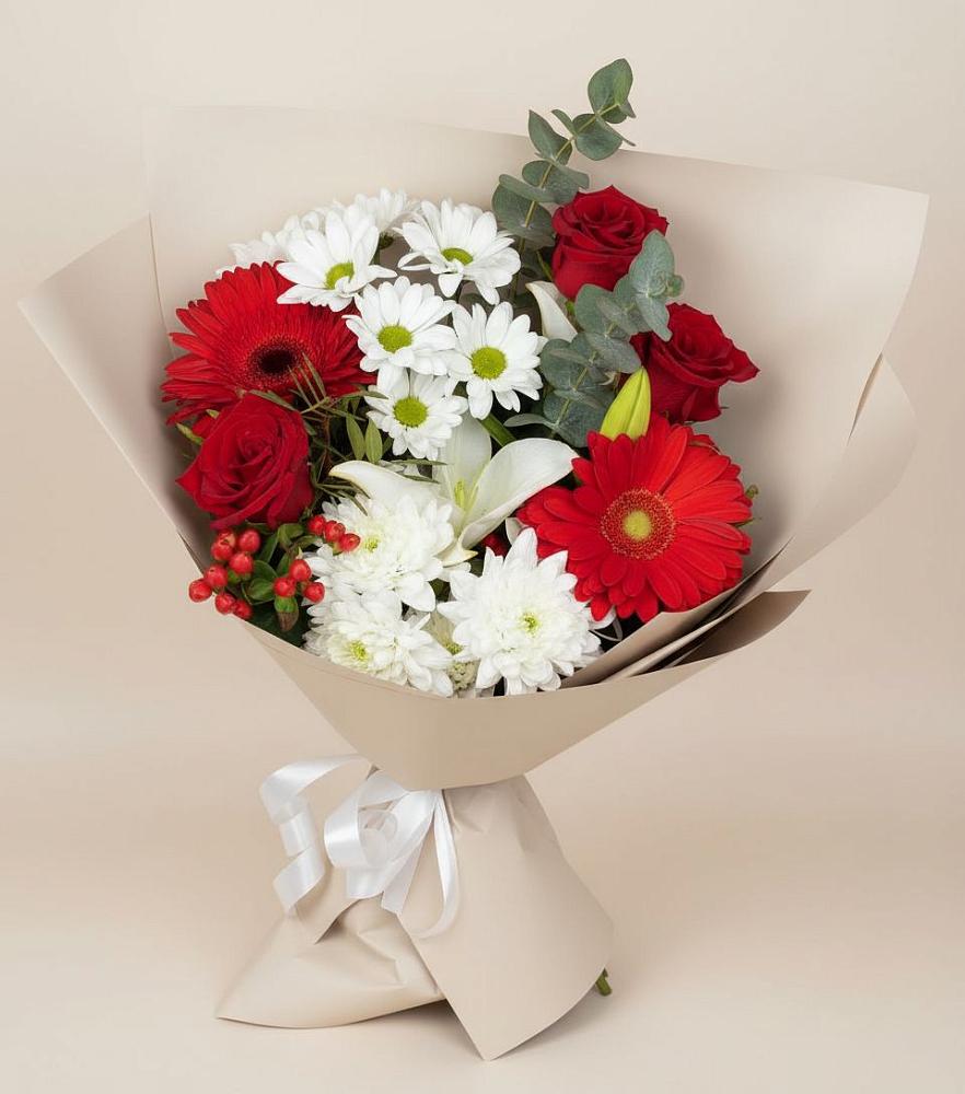 Букет цветов из: Розы, Хризантемы, Герберы и Лилии в Кирсе
